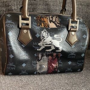 Authentic MCM Black and Brown Satchel with Snake Print Visetos